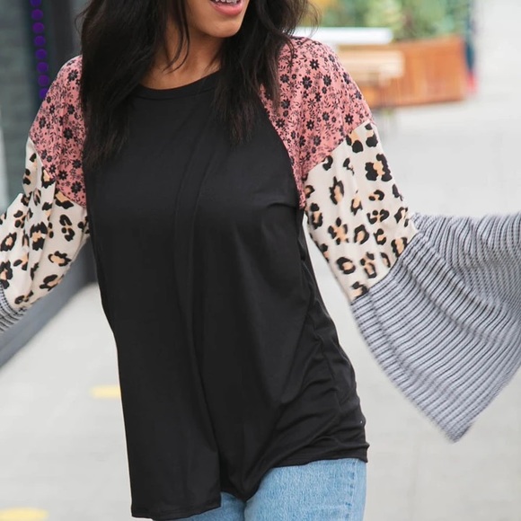 FLORAL LEOPARD PRINT JACQUARD BLOCK BELL SLEEVE TOP - Picture 8 of 8